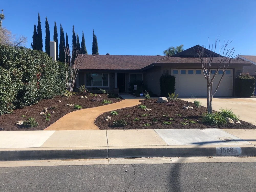 Low-water planting beds and a curved front walkway